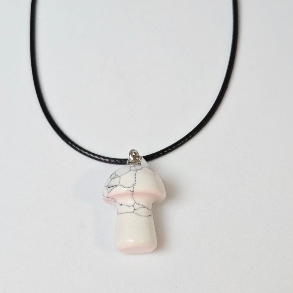 White Howlite Mushroom Necklace Natural Stone Toadstool Pendant Cottagecore Boho